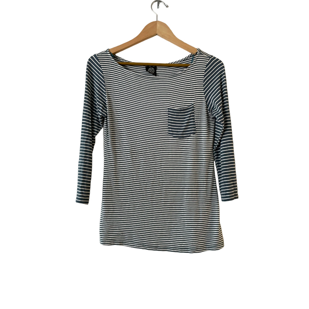 Bobeau Size S Womens Striped Pocket T-Shirt Boat Neck Roll Tab 3/4 Sleeve
